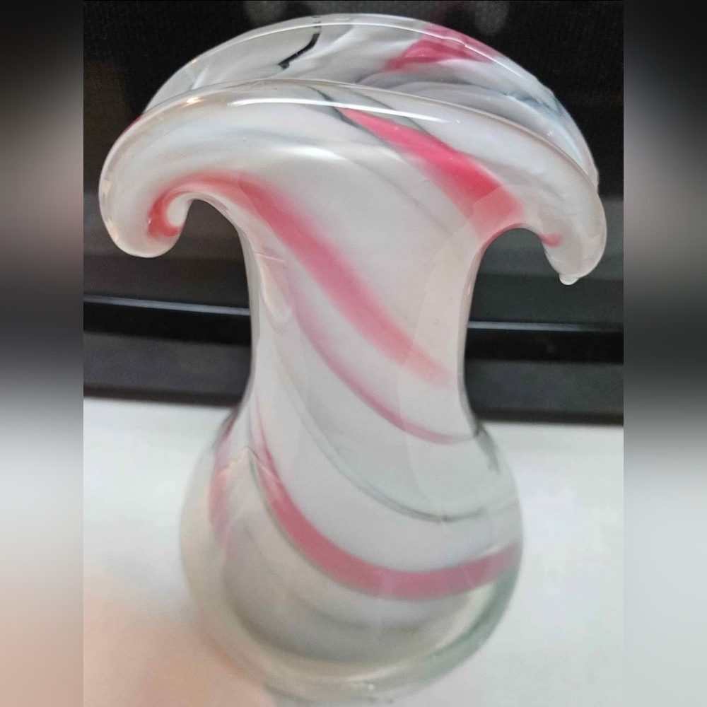 Peppermint Pink White Hand Blown Vase approx 8"